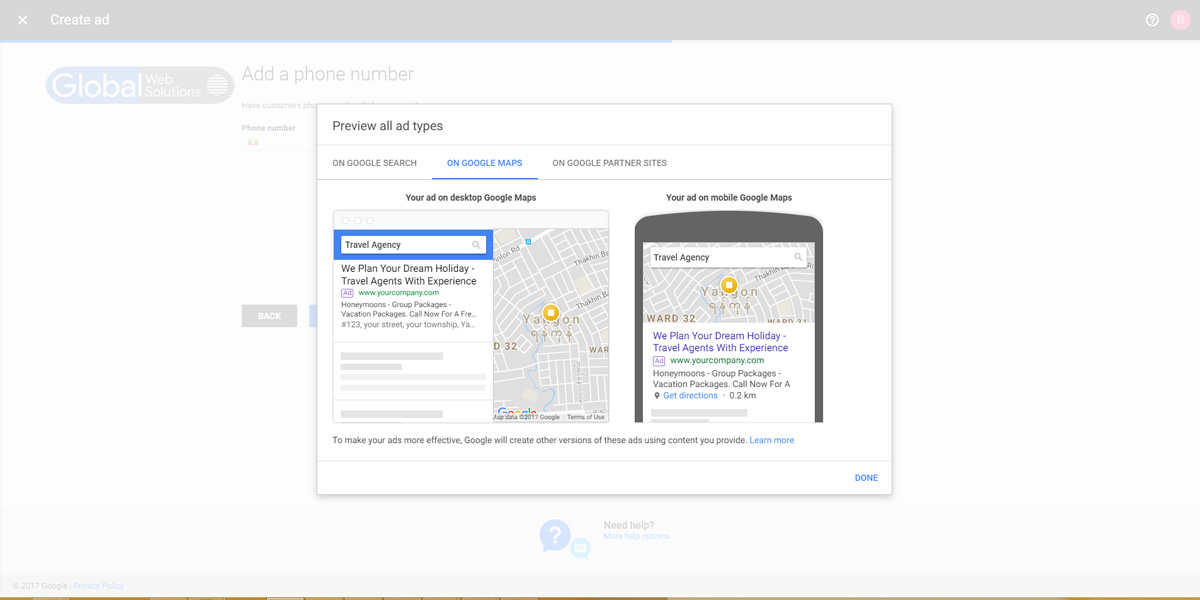 Example preview ads on Google Map