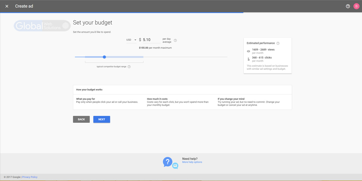 Set your daily budget for Adwords Express